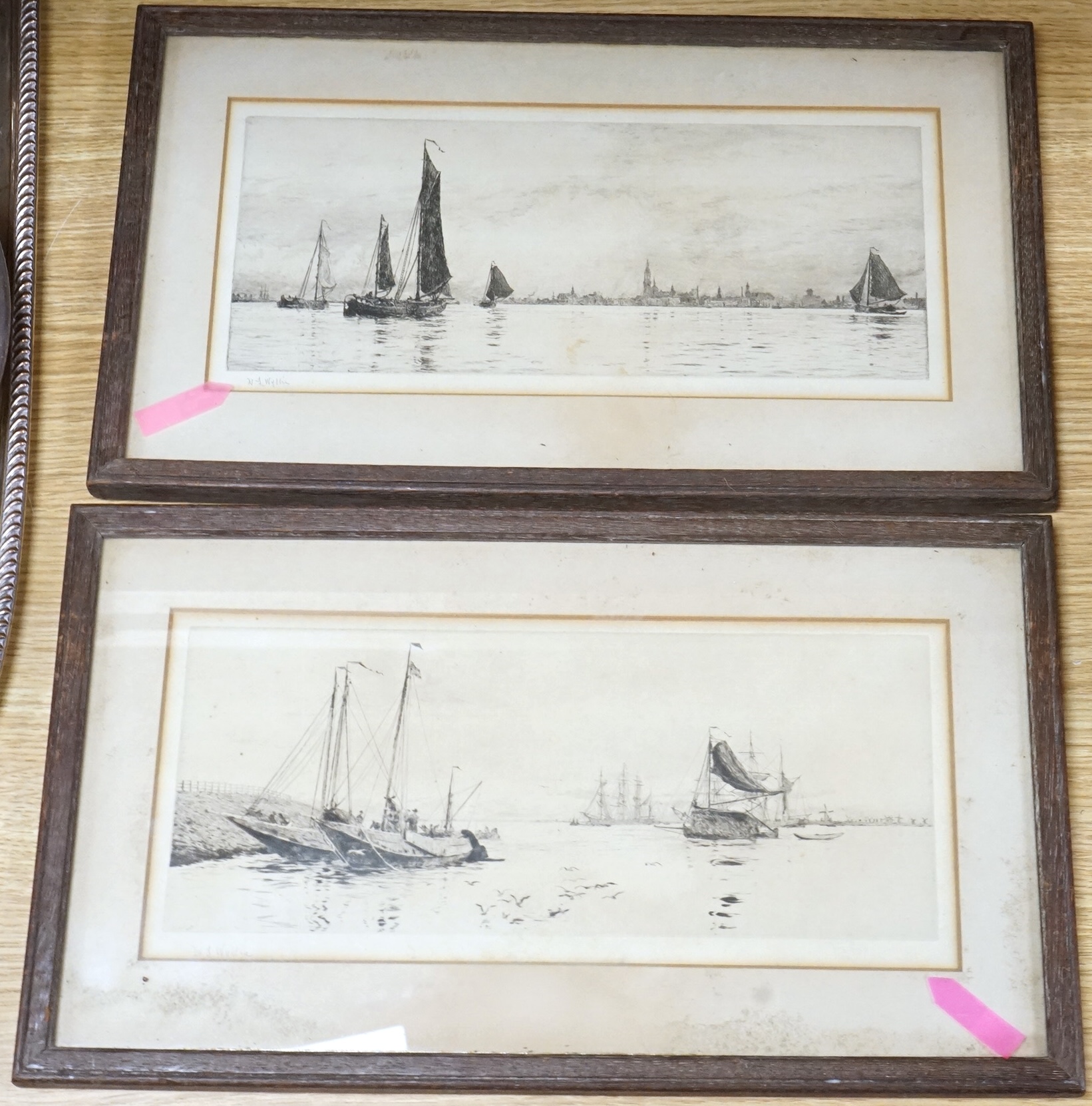 William Lionel Wyllie (1851-1931), ‘ Sea Scouts at Old Portsmouth’ and one other, each signed in pencil, two etchings, 14 x 31cm